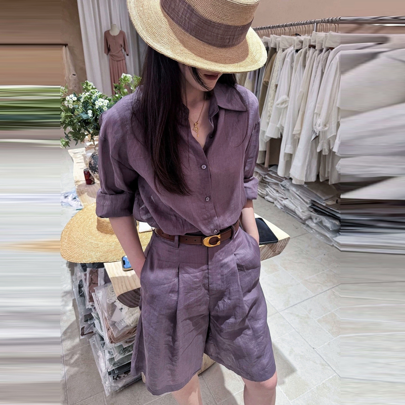 Nanyou High-Quality Goods! Old Money Style 100% Ramie Loose Solid Color Shirt High-Waisted Shorts Sun Protection Suit for Women Summer C725