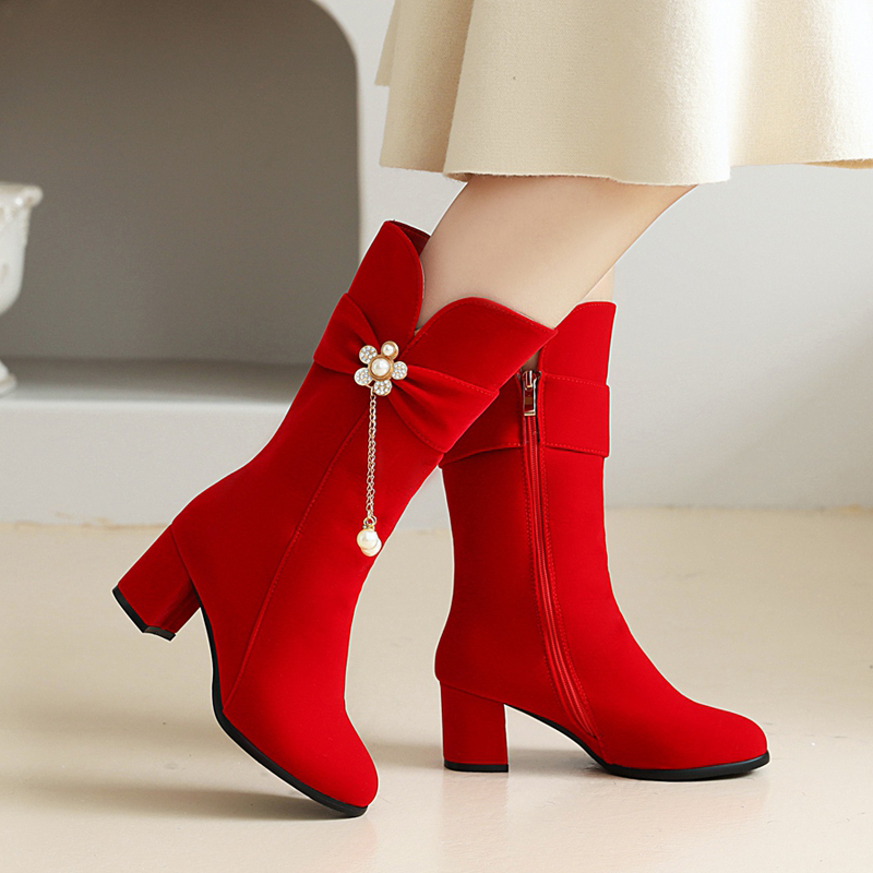 High-Heeled Martin Boots for Women, Short Boots, Autumn and Winter New Style, Matte Red Wedding Boots, Mid-Calf Boots, Wedding Toast Shoes
