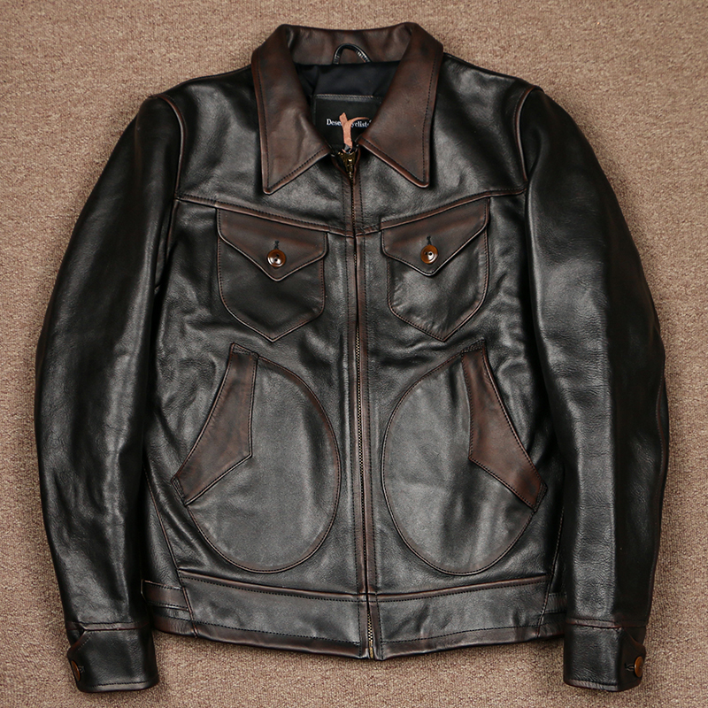 1.8mm Maldesa Two-Tone Washed Vintage Distressed Men's Leather Jacket with Lapel, Farmer's Coat, Biker Jacket