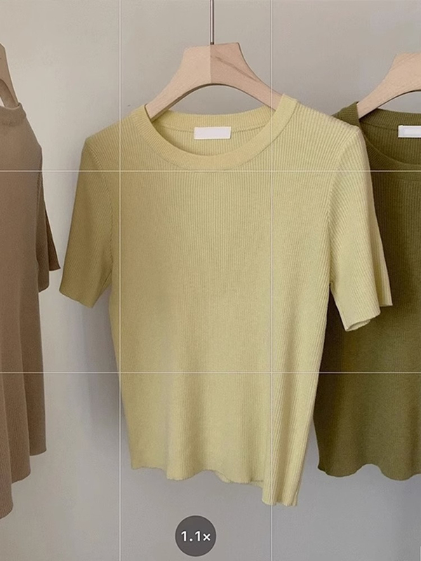 Ice Silk Creamy Yellow Round Neck Short-Sleeved Knitted T-Shirt for Women, Summer Korean Style Soft and Youthful Short Hong Kong Style Top