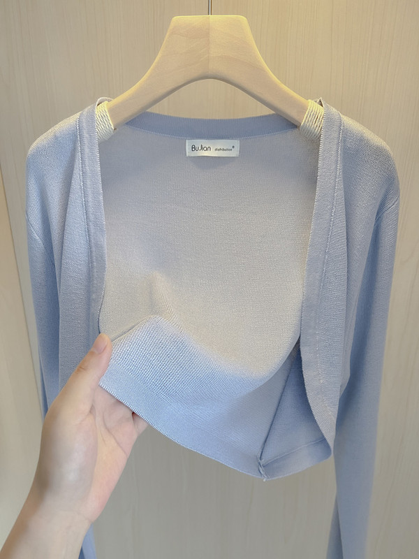 Ice Silk Blue Long-Sleeved Sun Protection Knitted Cardigan for Women, Summer Thin Style, High-End Tencel Shawl Blouse, Short Top