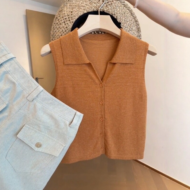 Light-Colored Orange Knit Camisole with a Polo Collar for Women, Sleeveless Summer Outerwear, Ice Silk Vest Top
