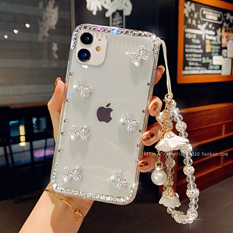 3D Bowknot 15 Apple 16 Pro Max Phone Case with Rhinestones, iPhone 17 Transparent 14 Pro Max Silicone 13 New Model 12 Soft 11 with Lanyard 7/8 Plus for Women Apple XS Max Trendy Xr Personalized