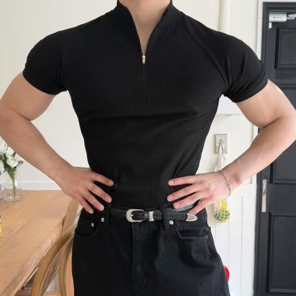 High-Elasticity Breathable Large-Size T-Shirt, American-Style Trendy New Model, Muscle-Showing Men's Sports Short-Sleeve Top for Fitness and Running