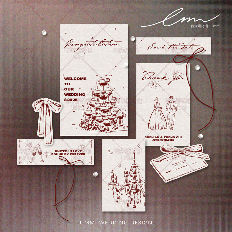 03 Original Hand-Drawn Style Lines Niche Red High-End Paper Products Invitation Card Wedding Plate Card Design Material Psd