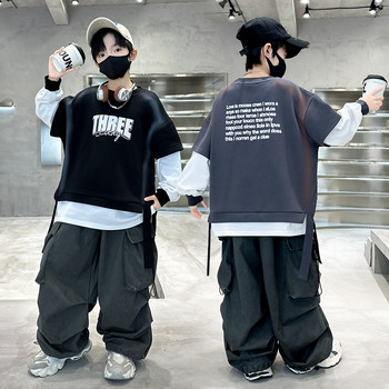 Boys' Autumn Outfit Set 2026 New Stylish Children's Sweatshirt and Cool Cargo Pants Two-Piece Set for Older Kids in Spring and Autumn