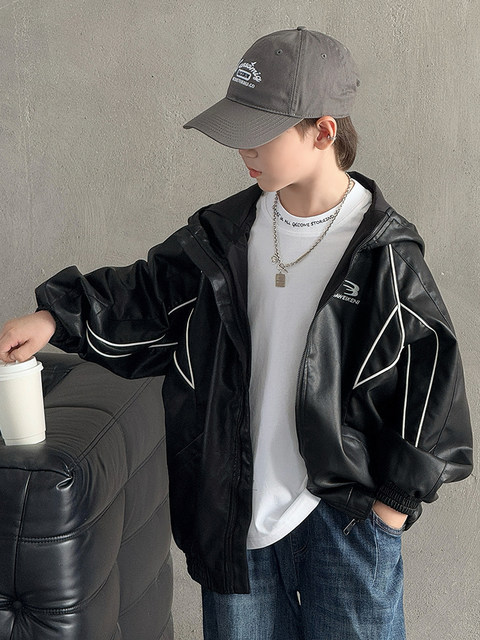Boys' Autumn Hooded Leather Jacket 2025 New Style for Older Children, Waterproof Casual Outerwear, Stylish and Trendy Children's Clothing