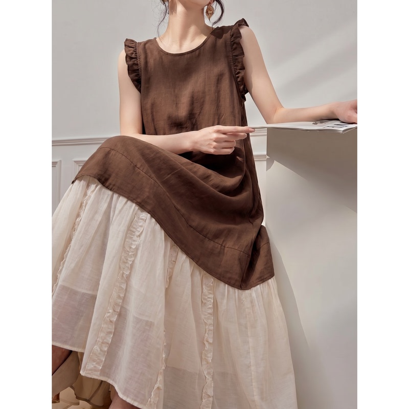 Brown Ruffled Patchwork Loose Straight Long Dress, Unique and Super Pretty Dress for Women, 2026 New Summer Style Brown Ruffled Patchwork Loose Straight Long Dress, Unique and Super Pretty Dress for Women, 2026 New Summer Style