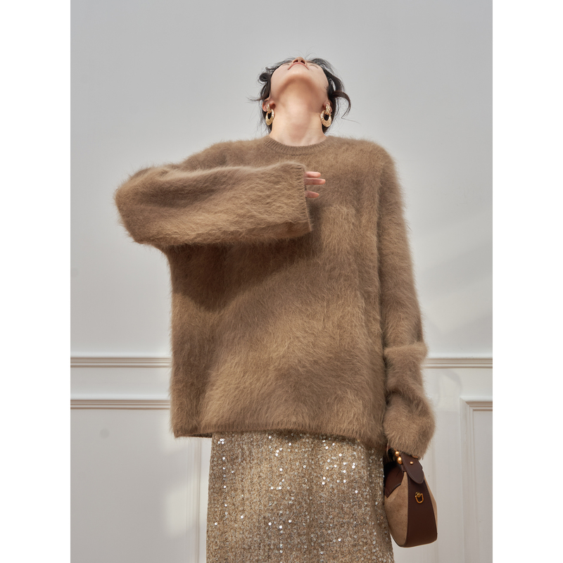 Camel Mohair Brushed Knit Sweater and Sequin Skirt Set for Women, Korean Style, Gentle Style, Winter Outfit Set