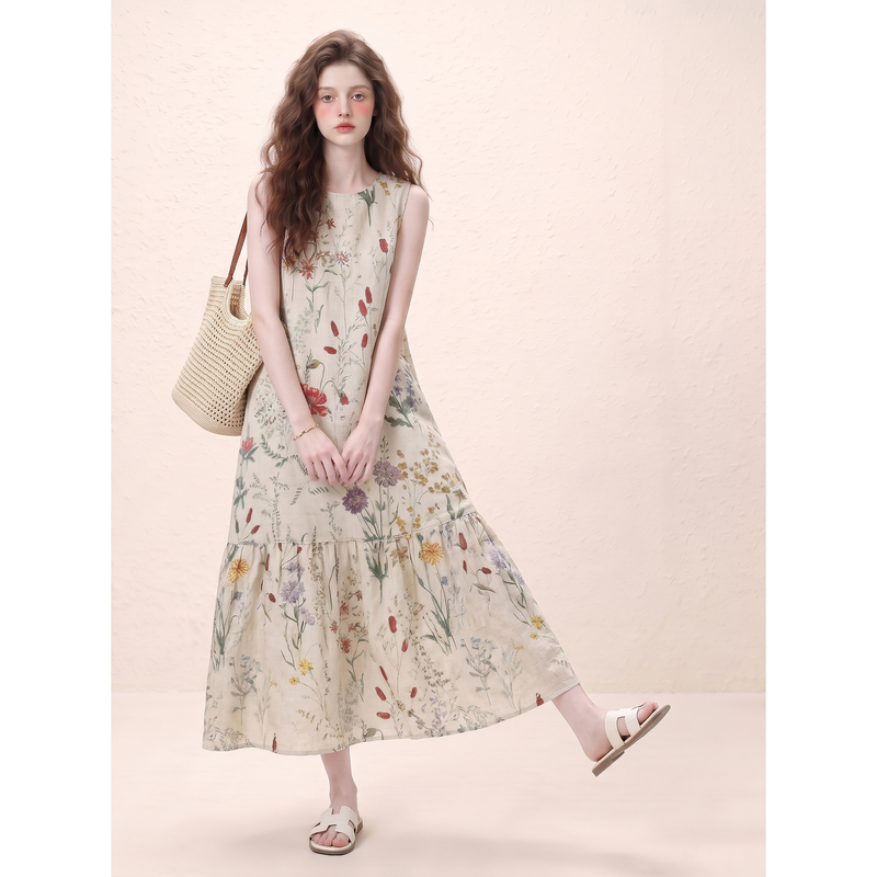 Retro Linen Printed Sleeveless Loose Cake Long Skirt Daily Holiday Style Dress for Women 2026 New Summer Style Retro Linen Printed Sleeveless Loose Cake Long Skirt Daily Holiday Style Dress for Women 2026 New Summer Style
