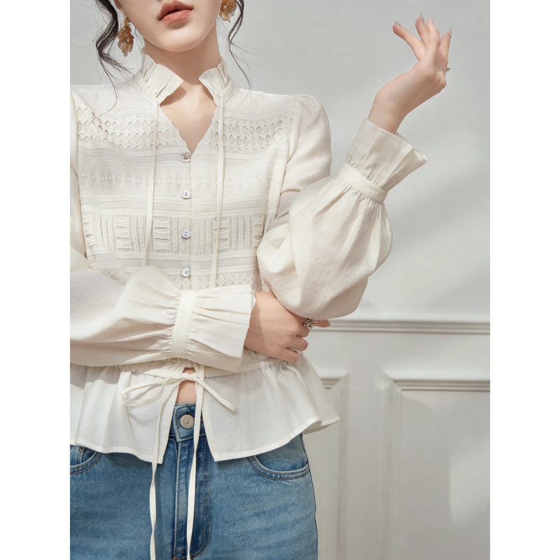 2026 Chic and Ethereal White Lace-Up Ruffled Drawstring Waist Sun-Protective Shirt, French-Style Elegant and Beautiful Top