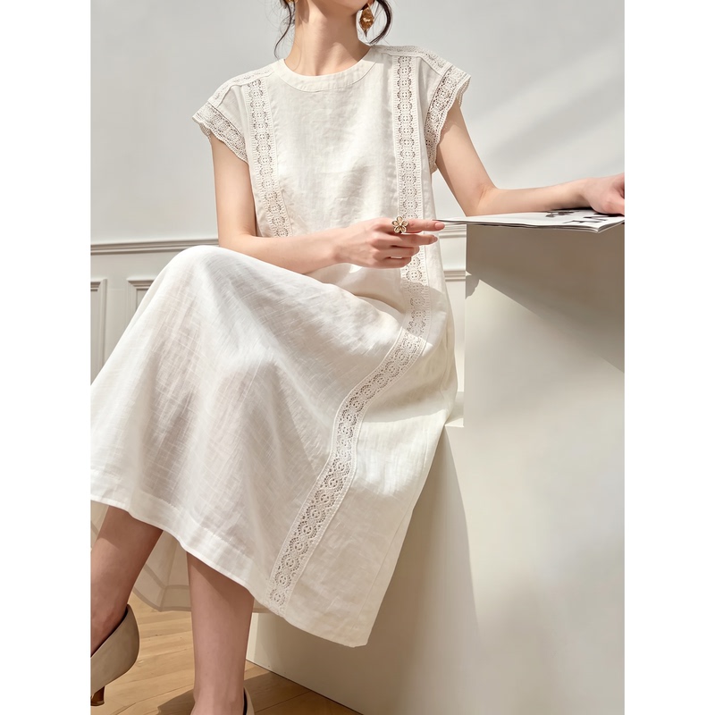French-Style Round Neck Flutter Sleeve Hollow-Out White Linen 2026 High-Quality Dress White Water Girl New Chinese Style Dress Summer French-Style Round Neck Flutter Sleeve Hollow-Out White Linen 2026 High-Quality Dress White Water Girl New Chinese Style Dress Summer