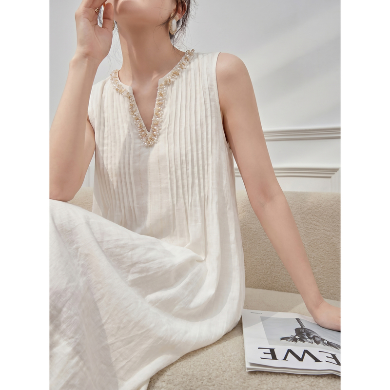 French Pleated Beaded Lace Linen Tank Dress, White Simple and Elegant Dress, 2026 New Summer Style for Women French Pleated Beaded Lace Linen Tank Dress, White Simple and Elegant Dress, 2026 New Summer Style for Women