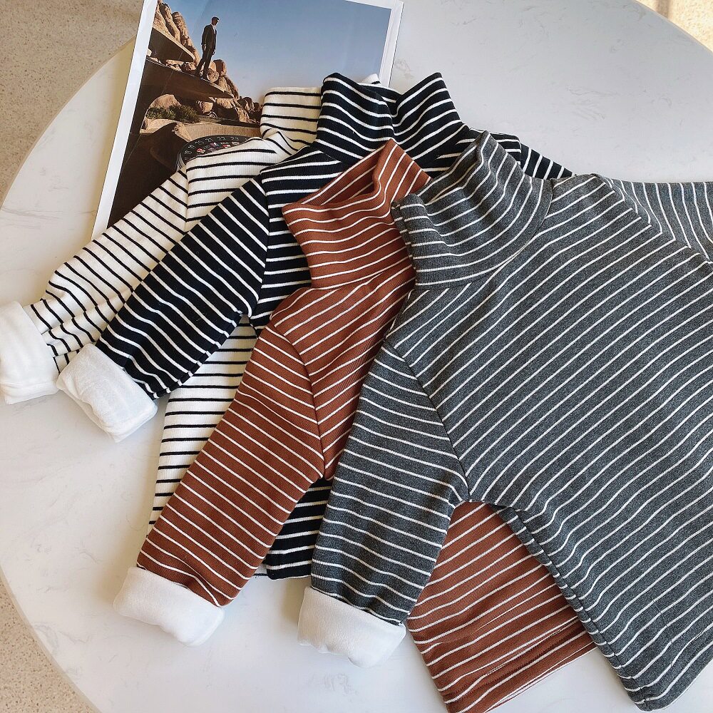 Baby fleece bottoming shirt thickened winter baby half high collar girl foreign style long-sleeved t-shirt autumn and winter children's stripes