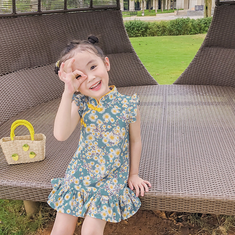 Girls Qipao Summer 2021 New Foreign Fishtail Thin Modified Dress Baby Qipao 1-2-3 years old