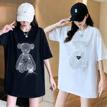 2022 Spring Summer New Heavy Industries Scalding With Small Bear Pattern Loose Leisure 100 Hitch Long pure cotton T-shirt female tide