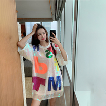 Korean version of the long style relaxation Lazy Breeze with Lazy Wind T-shirt Woman Half Sleeve Summer 2022 Mesh Red Round Collar Bright Sheet Letter Blouse