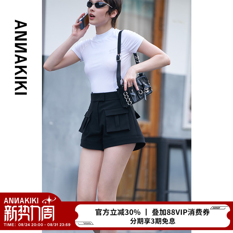 Annakiki Shorts [Zhang Li Celebrity Style] Niche Black Acetate High-Waisted Workwear Wide-Leg Shorts for Women