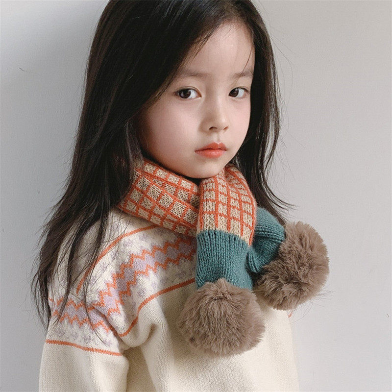 Korean Plaid Cross Children's Scarf Winter New Contrast Knitted Scarf Warm Baby Neck Double Ball Long Scarf