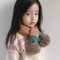 Korean Plaid Cross Children's Scarf Winter New Contrast Knitted Scarf Warm Baby Neck Double Ball Long Scarf