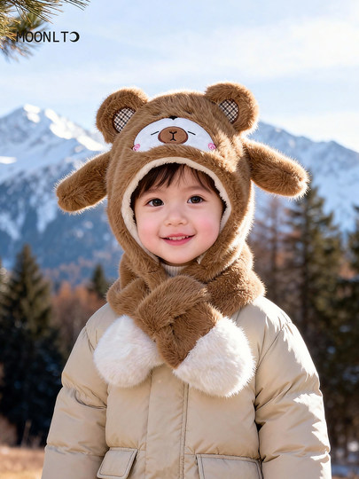 Children's hat, scarf, all-in-one hat, winter outdoor windproof and warm velvet and ear protection hat for boys and girls