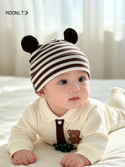 Infant and toddler hats, spring and autumn striped ears, sun protection, thin newborn baby hats, male and female babies, small-month-old pullover hats