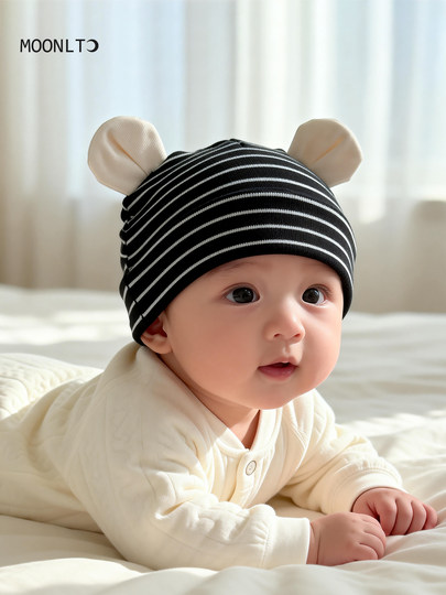 Infant and toddler hats, spring and autumn striped ears, sun protection, thin newborn baby hats, male and female babies, small-month-old pullover hats