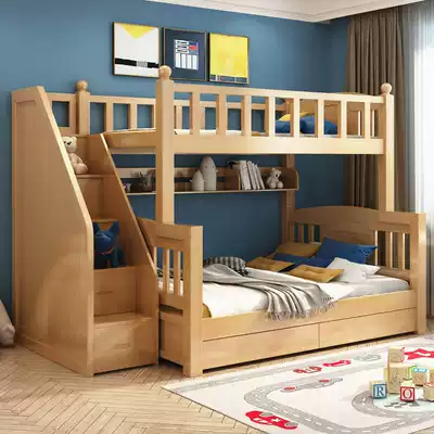 Full solid wood mother bed Birch high and low bed children's upper and lower bunk 1 2 m ladder cabinet adult bunk bed multifunctional bed
