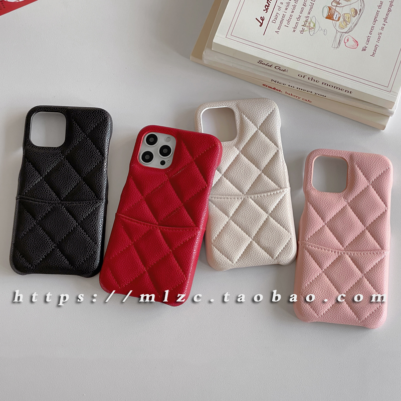 High-End Caviar-Pattern Card Holder Case Suitable for Apple 17 Phone Case iPhone 15 Pro Max Simple 14Pro High-End Leather Protective Case 16Promax Anti-Drop Soft Case 13Pro Trendy Women