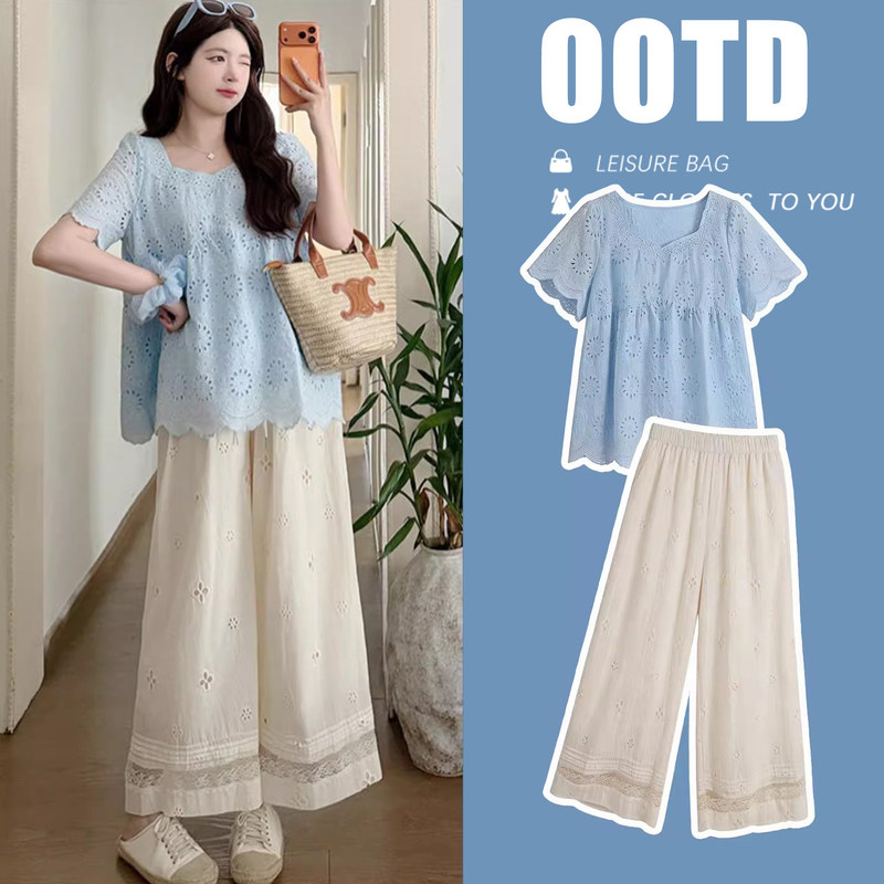 Maternity Set Summer Thin Style 2026 New French Blue Fashionable Trendy Mom Stylish Top and Wide-Leg Pants Two-Piece Set