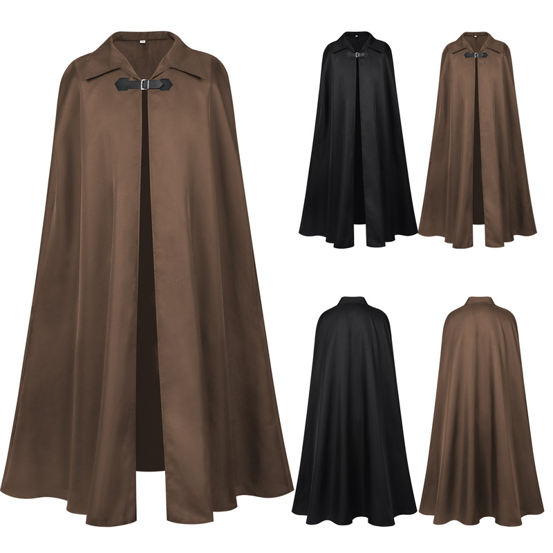 Halloween Retro Dark Gothic Cloak Medieval Hoodless Shawl Wizard Priest Robe with a Turn-Down Collar Shawl