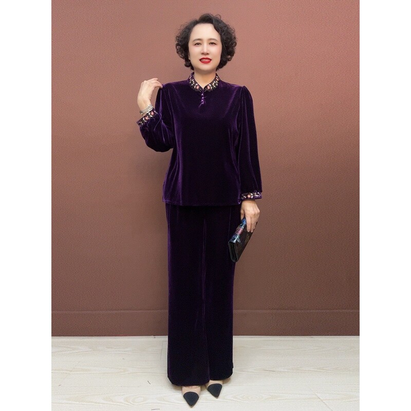 High-Quality Women's Velvet National Style Embroidered Collar Top, New Autumn Solid Color Blouse, Wide-Leg Pants, Plus-Size Mom Set High-Quality Women's Velvet National Style Embroidered Collar Top, New Autumn Solid Color Blouse, Wide-Leg Pants, Plus-Size Mom Set
