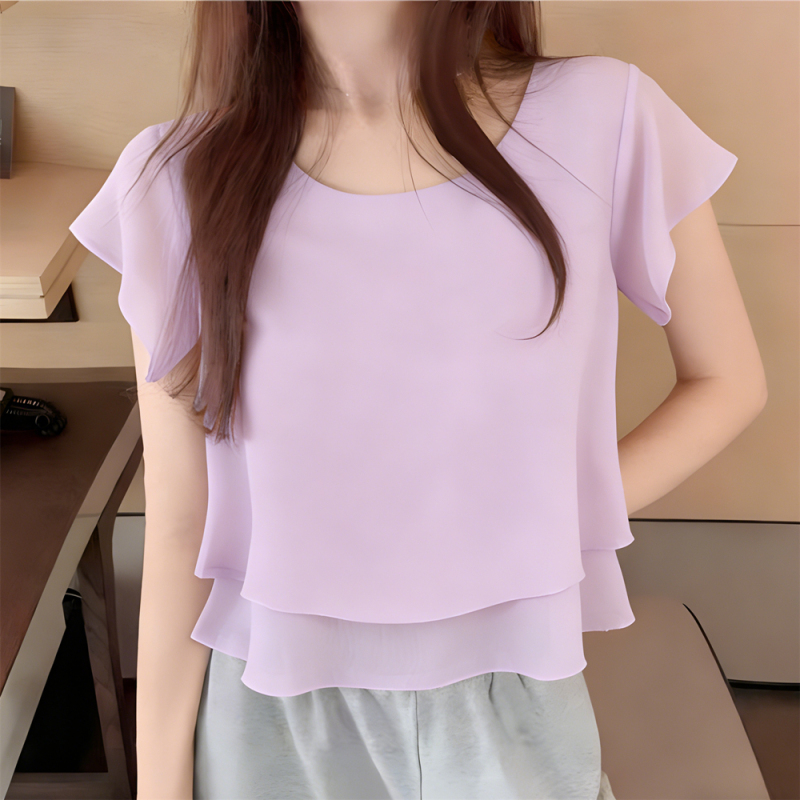 Light Purple Mom-Style Round-Neck Top, New Summer Style, Loose Fit, Tummy-Covering Chiffon Short-Sleeve Solid Color Base Babydoll Shirt