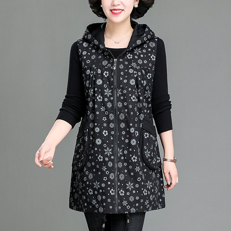 Plus-Size Women's Spring and Autumn Hooded Mid-Length Korean-Style Trench Coat Vest, Sleeveless Printed Pocket Zip-Up Cardigan for Moms Plus-Size Women's Spring and Autumn Hooded Mid-Length Korean-Style Trench Coat Vest, Sleeveless Printed Pocket Zip-Up Cardigan for Moms