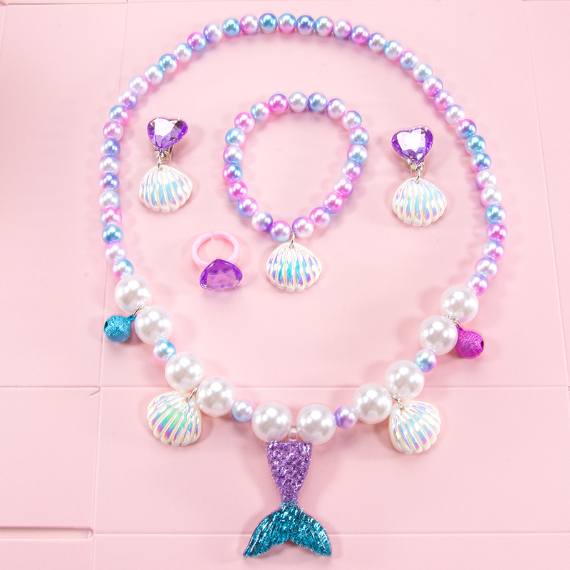 Children's Jewelry Pearl Necklace Bracelet Ear Clip Ring Shell Fishtail Mermaid Pendant Princess Necklace Set
