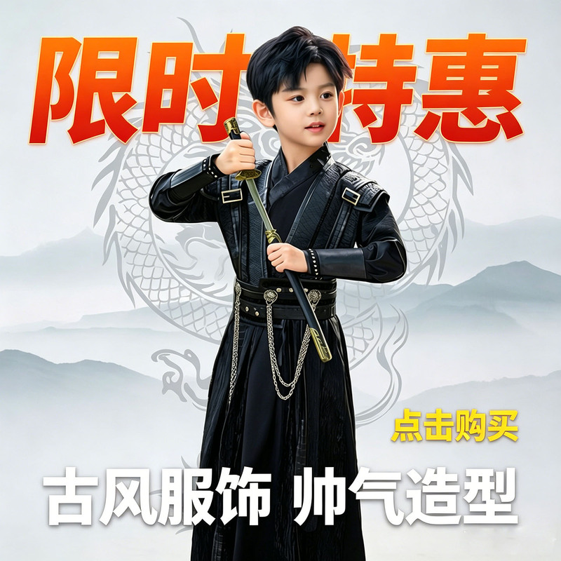 Martial Arts Ancient Costume for Boys, Children's Hanfu, Ancient Warrior Clothing, Soldier, Assassin, 2026 New Style, Handsome Ancient Style for Summer