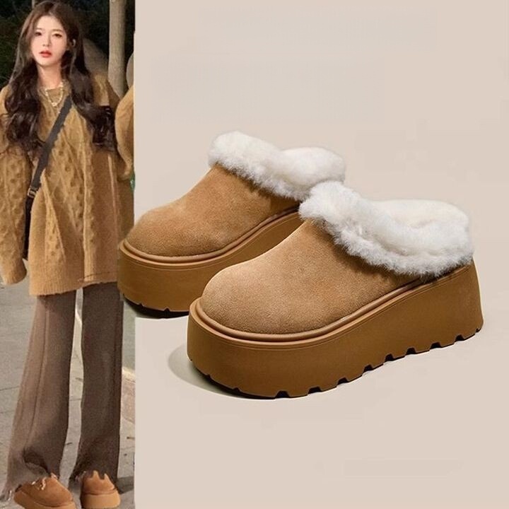 Popular Thick-Soled Closed-Toe Warm Half-Slippers for Women, Winter Fleece-Lined Warm Ankle-High Snow Boots, Height-Increasing Cotton Shoes, Trendy