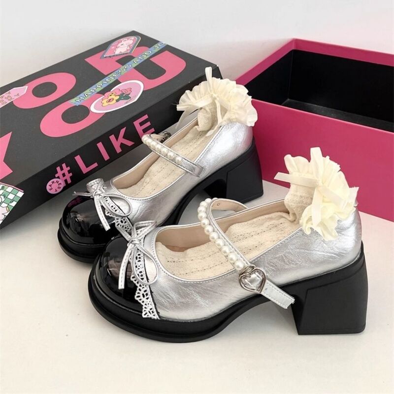 French Retro Silver Mary Jane Shoes for Women 2026 Spring & Fall New Thick-Soled Thick-Heeled High-Heeled Shoes with Skirts and Small Leather Shoes