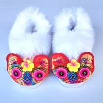 Original Tiger Head Shoes Adult Rabbit Hair Pure Hand Embroidered Melaleuca Flat Heel Bottom Ethnic Style Hanfu with Red New Product