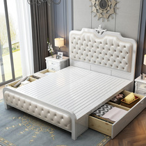 European solid wood bed High-grade light luxury double bed 1 8 meters American leather bed French master bedroom furniture large bed Wedding bed