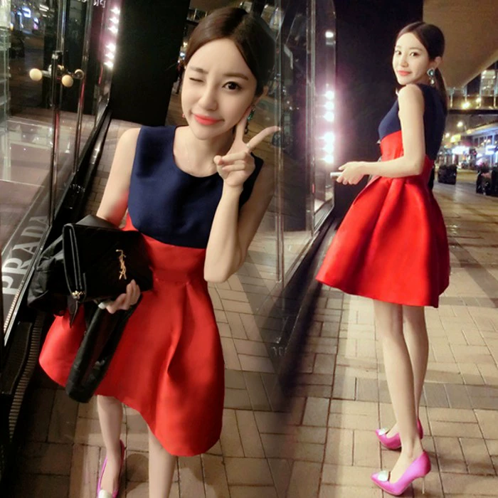 Mùa xuân và mùa hè 2020 phiên bản mới của Hàn Quốc cho thấy sự tương phản của phụ nữ màu sắc eo cao váy pettiskirt không tay đầm gợi cảm - Váy eo cao