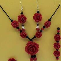 Cinnabar lacquer carved necklace set red rose bracelet earrings handstring earrings jewelry women ring sweater chain