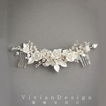 Beautiful elegant European Bride wedding headdress ceramic rose White Flower long hair comb with makeup dress accessories