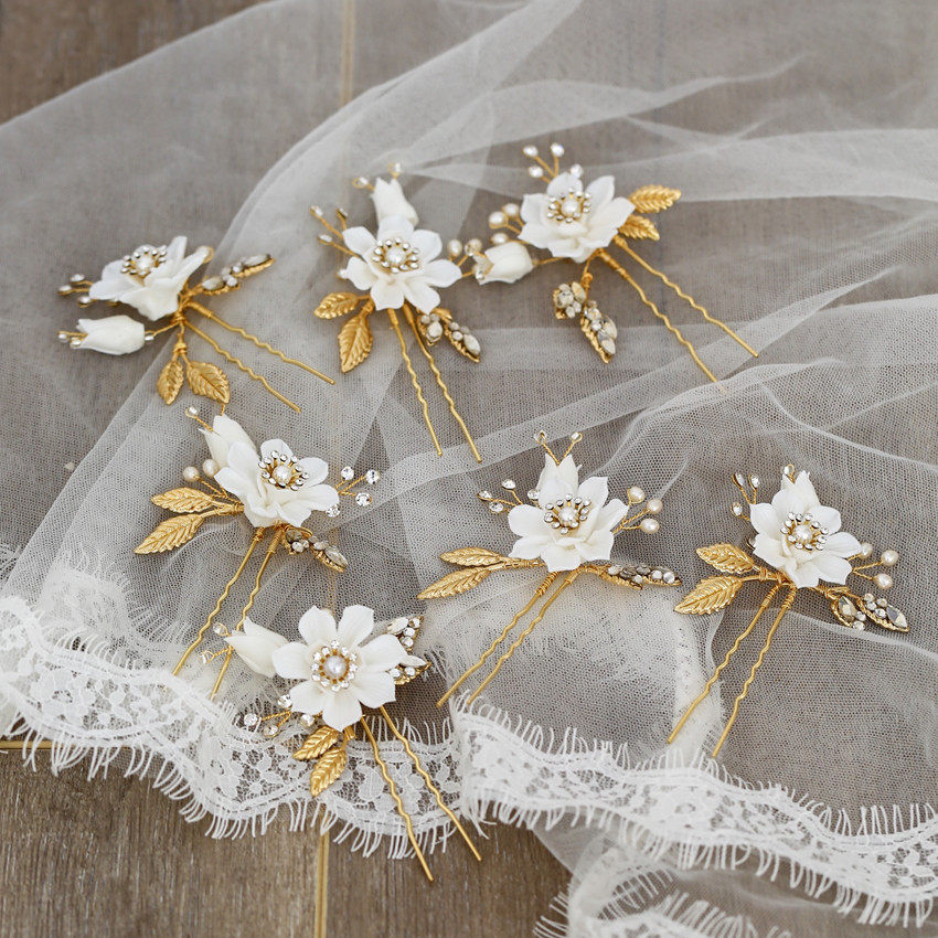 White Floral Cuddles Small Flowers Bride Hair Fork Hair Hairpin Garden Head Accessories Hair Accessories Water Drill Inlaid Foliage Wedding Accessories