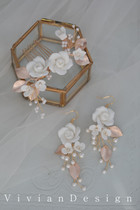 ins explosive European and American popular bride ceramic flower rose hair comb earring combination beautiful makeup photography headwear