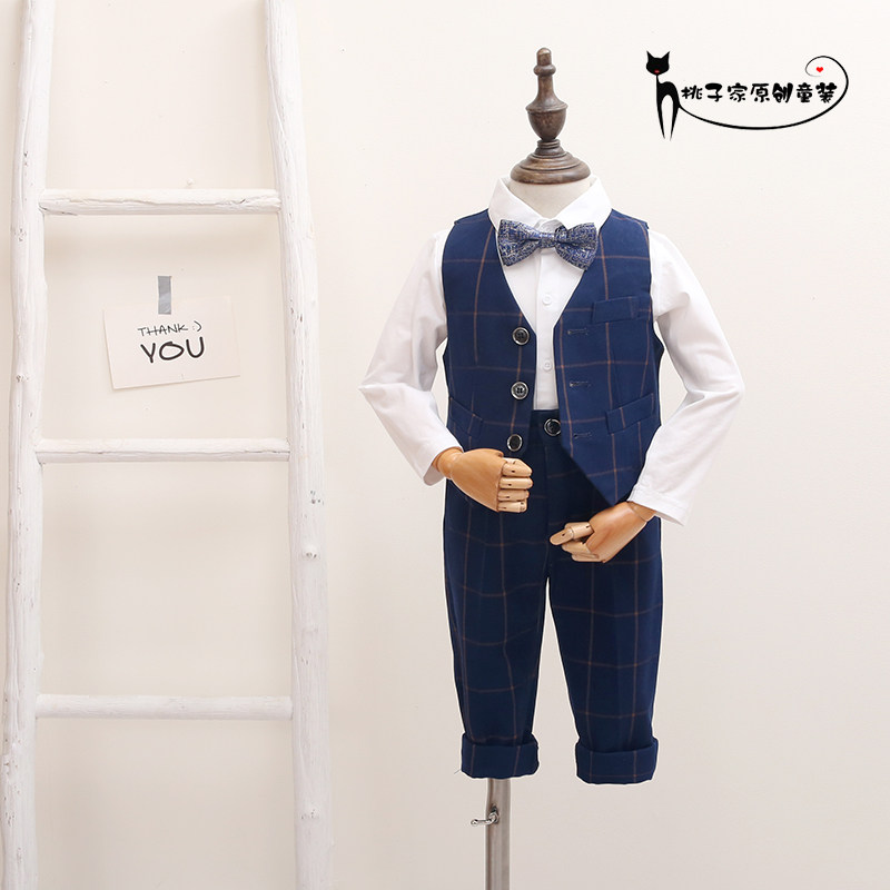 Boys' one-year-old dress flower girl small suit spring and autumn long-sleeved British plaid children's birthday suit children's catwalk trend