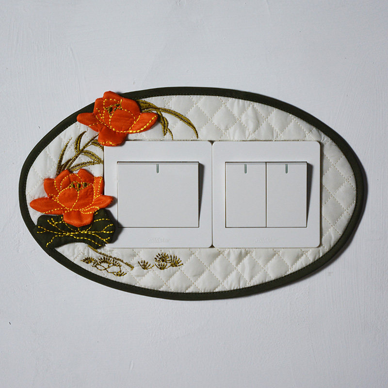 New Chinese handmade fabric switch cover stereo lotus double open three switch sleeve stick-free socket cover (Lotus fun)