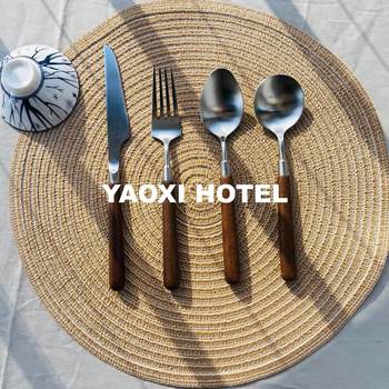 Walnut handle spoon fork retro tableware 304 western restaurant knife and fork set japanese spoon