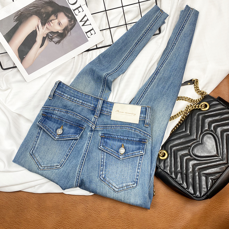 Lift the Hips and Slim the Waist~ Spring New High-Waisted Skinny Jeans for Women, Blue, Tight-Fitting, Slimming, Stretchy, Cuffed Cropped Pants