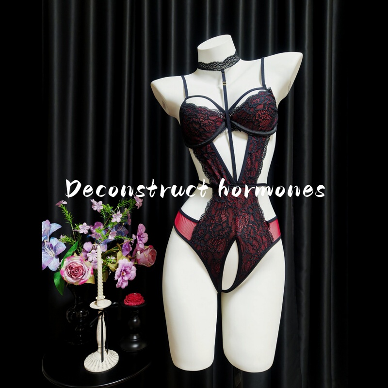 Deconstructed Hormone-Themed Lace Underwire Bodysuit, Mature Lingerie, Qqny Red and Black Sexy Open-Crotch Design